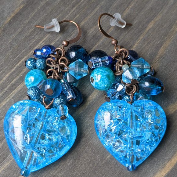 Mixed Blue Glass Bead & Blue Crackle Heart Cluster Earrings - Picture 7 of 16